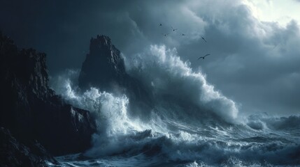 Dramatic stormy ocean waves crash against rugged dark cliffs under a moody, dramatic sky with soaring birds creating an epic, powerful natural scene.