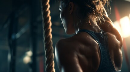 Side view of woman performing rope climbs in indoor gym, muscles tense, strong athletic pose, cinematic lighting, detailed realistic gym equipment, horizontal composition