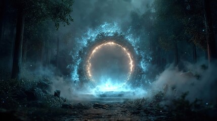 Mysterious glowing portal illuminates dark enchanted forest floor with ethereal blue and golden energy swirling around ancient stone.