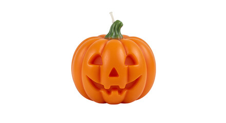 Bright Orange Plastic Halloween Pumpkin with Carved Face on Orange Background