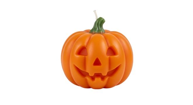 Bright Orange Plastic Halloween Pumpkin with Carved Face on Orange Background - Powered by Adobe