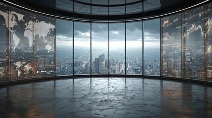 Expansive city vista, futuristic financial district, giant screens floating with global trade graphs
