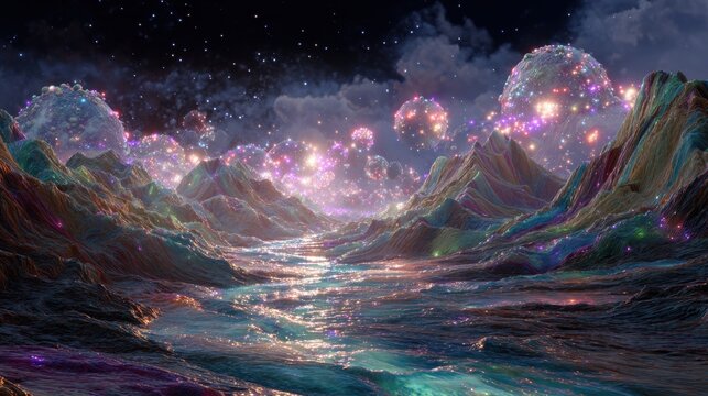 Dreamlike celestial landscape with shimmering water, vibrant mountains, and glowing orbs under a starlit sky, inspiring awe and wonder