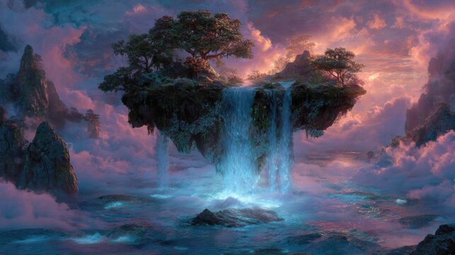 Enchanting floating island with cascading waterfalls and lush trees, perfect for fantasy book covers, serene nature scenes, and dreamy landscapes