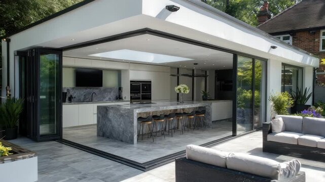 Modern White Kitchen Extension with Gray Marble Island and Folding Glass Doors Opening to Patio Area with Garden Furniture in Sunlight
