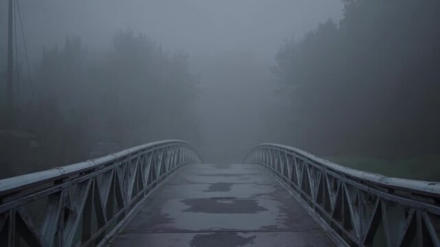 Metal pedestrian bridge stretching forward on a cold, moody day, disappearing into a thick layer of fog, conveying concepts of uncertainty, journey, and the unknown ahead