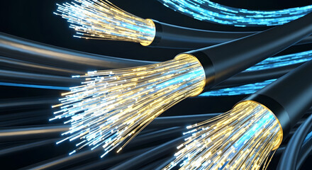 High-speed fiber optic cables glowing with blue and yellow light, Essential fiber optics: Illuminating the future of communication technology with vibrant hues
