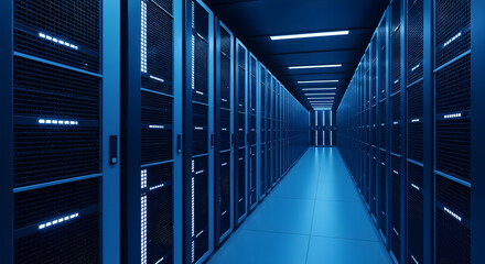 Data Center Server Room with Rows of Rack Mounted Servers, Blue Toned Lighting, Endless Rows of Data Storage for Cloud Computing