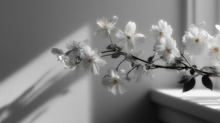 Blurry shadow of leaves and flowers ,on a white wall. Transparent, sunlit shadow overlay. The gray silhouette of leaves creates a delicate, natural pattern.