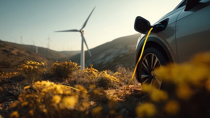 Electric Vehicle Charging in Wildflower Field with Wind Turbines Background