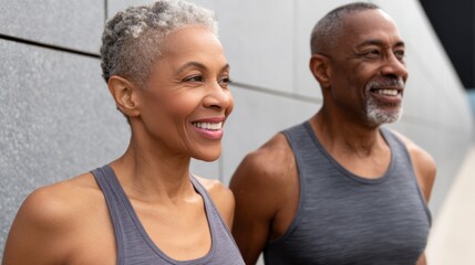 Older couple enjoying outdoor exercise together on a sunny day in a modern urban setting