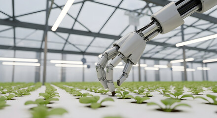 Robotic Arm Tending Young Plants in a Modern Greenhouse, Automated Farming with Advanced Robotic Technology