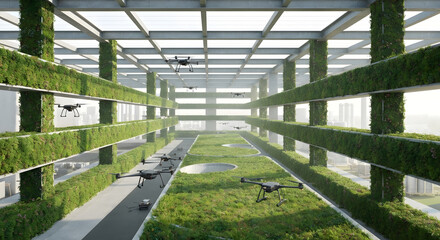 Drones Flying Through a Green Building Structure, Aerial Delivery Drones in a Vertical Farm Environment