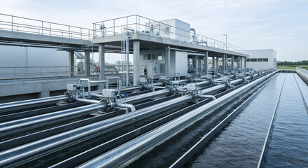 Wastewater treatment facility with long metal pipes, Industrial water treatment system infrastructure with water flowing, wastewater purification
