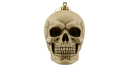 Stylized Human Skull Ornament with Golden Hanger on Dark Background