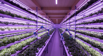 Vertical Farm with Robots: A Vision of Sustainable Agriculture, Indoor Farming with Robotic Arms Cultivating Lettuce Under Purple LED Lights