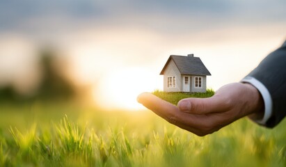 A person is carefully holding a small model house in their hand