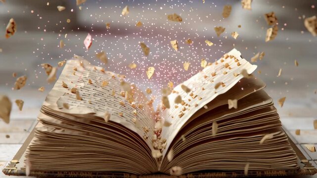 Enchanted book opens, releasing a magical burst of shimmering particles and glowing light, creating a captivating visual spectacle that transforms the surrounding space into a realm of wonder and imag