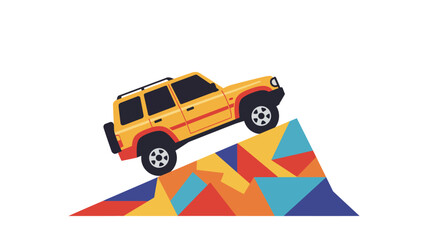 Fototapeta premium Yellow SUV Climbing a Colorful Geometric Mountain Illustration.