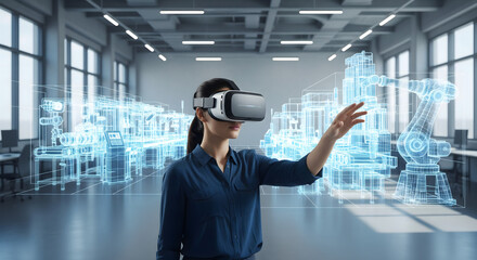 Woman Interacting with Virtual Factory using VR Headset, Modern Industrial Design Concept in Augmented Reality Technology