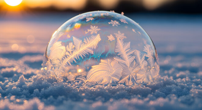 Frozen in Time: Captivating close-up showcases a delicate soap bubble, exquisitely adorned with intricate frost patterns.