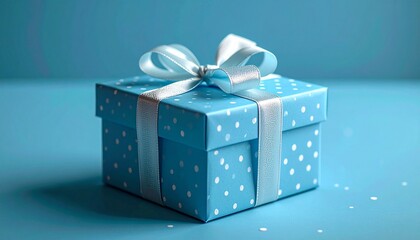 Neatly wrapped blue gift box with white polka dots and ribbon bow, set against a matching blue background with scattered white confetti. Evokes celebration, surprise, and festive elegance.