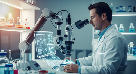 Modern Scientist Using Advanced Microscopy Equipment for Groundbreaking Research , A Male Researcher Analyzing Samples with High-Tech Microscope in a Futuristic Lab