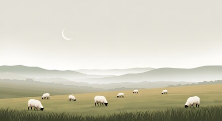 Obraz premium A serene pastoral landscape at dusk, featuring a peaceful flock of white sheep grazing in a lush green meadow, set against a backdrop of soft, misty rolling hills under a delicate crescent moon