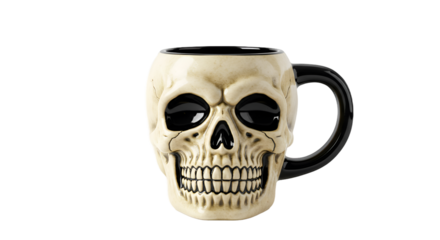 Ceramic Skull Mug with Black Handle on Reflective Surface Against Dark Background