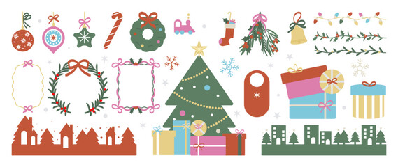 Obraz na płótnie Canvas Christmas ornament and frame vector illustration set. Collection of christmas tree, bauble, gift, wreath, leaves, screen, snowflake, candy cane. Design for sticker, card, poster, invitation, greeting.