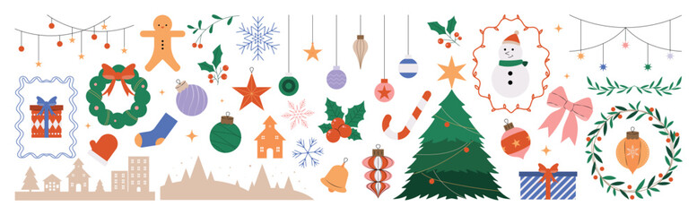 Obraz na płótnie Canvas Christmas ornament and frame vector illustration set. Collection of christmas tree, gift, gingerbread, snowman, wreath, bauble, holly, snowflake. Design for sticker, card, poster, invitation,greeting.