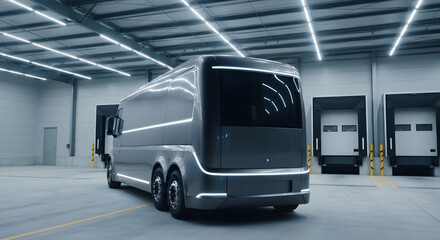 Futuristic Electric Van Parked in a Modern Warehouse, Sleek Electric Delivery Vehicle Design