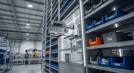 High-Tech Automated Warehouse with Robotic Arm, Modern Warehouse with Automated Storage and Retrieval System