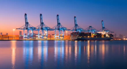 Cargo Ship Docking, Port Cranes at Dusk, Container Shipping at Night, Water Reflection of Industrial Port