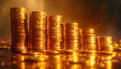 Stacks of shiny gold coins arranged in descending height across a surface, reflecting warm light and symbolizing wealth, savings, investment, and financial growth in a clean visual layout.