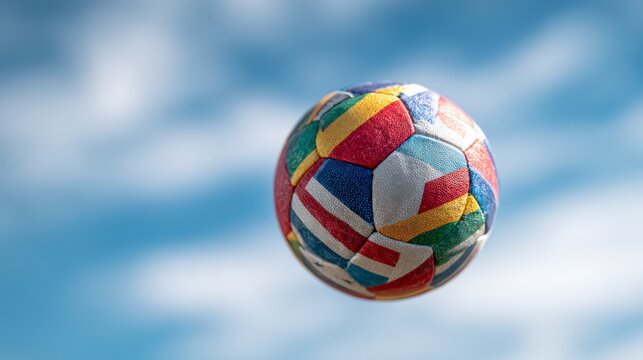 Soccer ball with flags from different countries floating in a blue sky, symbolizing international soccer competition and global unity through sports