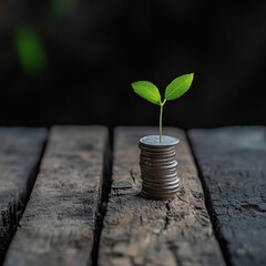 Growth Concept with Coins and Green Plant on Wooden Surface