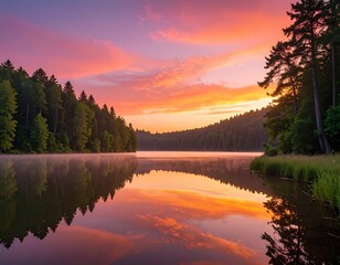 幻想的な朝の光に包まれた湖と森の風景