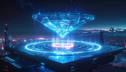 Glowing blue holographic cone hovering above circular platform with digital rings, set in neon-lit futuristic cityscape with tall buildings and dark sky, evoking sci-fi tech and advanced civilization.