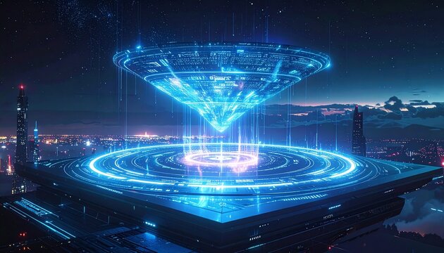 Glowing blue holographic cone hovering above circular platform with digital rings, set in neon-lit futuristic cityscape with tall buildings and dark sky, evoking sci-fi tech and advanced civilization.