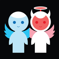 Two cartoon angels one blue one white with red face