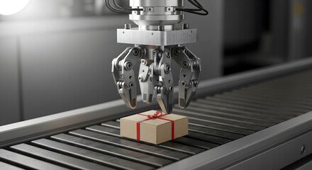 Robotic Arm Grabs a Present on a Conveyor Belt, Precision Automation in Modern Manufacturing