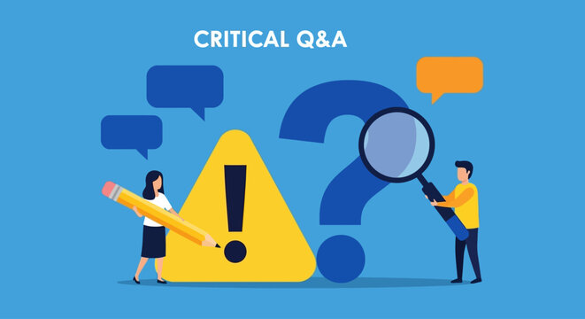 Illustration of two people analyzing a question mark and exclamation point, with speech bubbles.