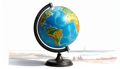 Colorful desktop globe on brown stand, tilted on axis with labeled countries and borders—Africa, Europe, Asia, and Middle East visible—highlighting geography, education, and global awareness.