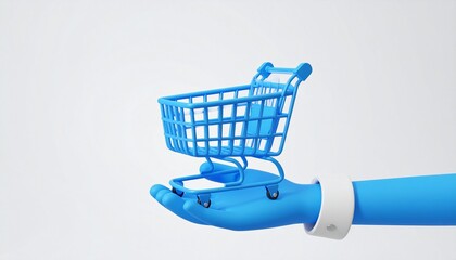 Miniature blue shopping cart held by blue-gloved hand against clean white background, evoking themes of hygiene, safety, and modern consumer practices in a sterile promotional setting.
