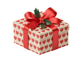 Festive 3D gift box featuring a red heart pattern, adorned with a satin ribbon and traditional Christmas holly berries.