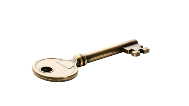 Ornate, antique-style key, bronze, laying diagonally on black backdrop
