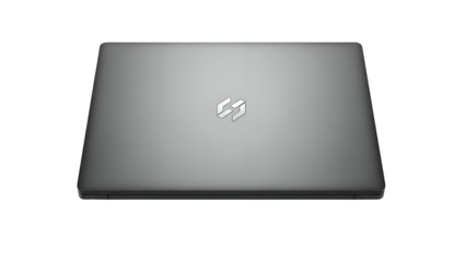 Gray laptop closed, with a white stylized emblem on the lid