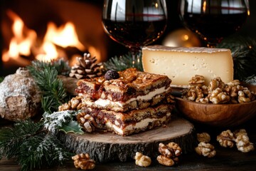 Festive dessert scene with walnut cake and cheese by fireplace