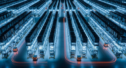 Futuristic warehouse with automated guided vehicles, An automated warehouse with AGVs and a blue lighting system for efficient logistics